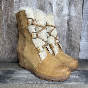 Womens Sorel Joan Of Arctic II Shearling Tan Suede Wedge Ankle Boots Size 7 M